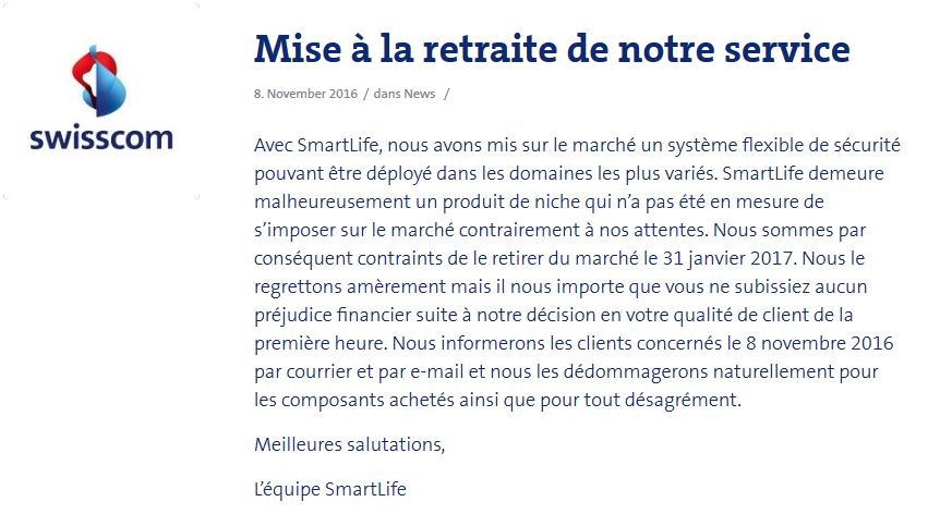 Lire la suite à propos de l’article Swisscom annonce l&rsquo;arrêt de son service SmartLife